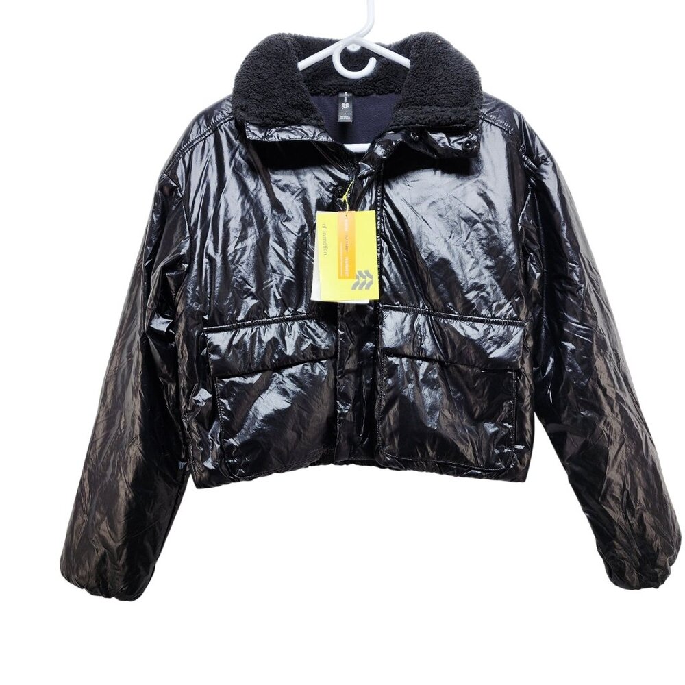 All In Motion Shiny Black Cropped Jacket Cozy line Sherpa Collar Size S